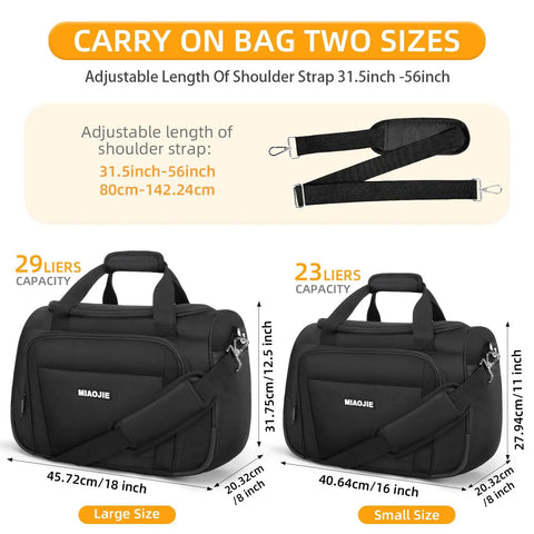 Lightweight Underseat Carry On Bag For Air Travel Tote Weekender Duffle Personal Item That Fits Under Seat For Spirit And Frontier Airlines Ideal For Women And Men Black 16 Inch shown with adjustable strap and dimensions