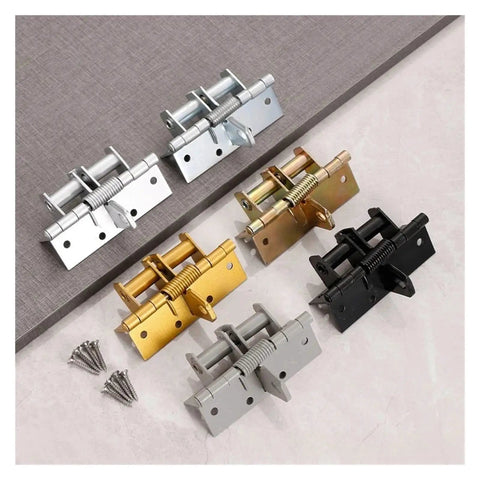 Colored metal three in one self closing spring hinge with 90 degree position stop displaying variety for cabinet doors.