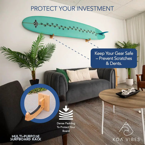 Premium Solid Oak Wood Surfboard Wall Mount Rack With Extra Accessory Hook Holds Surfskateboards Snowboards Wakeboards Heavy Duty Wooden Board Hanger displayed in stylish living room, highlighting dense padding for protection.