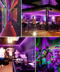 40 Foot LED Blacklight Strip Kit With 720 LEDs, 12V lighting up club interiors and party scenes with vibrant UV glow effects.