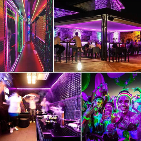 40 Foot LED Blacklight Strip Kit With 720 LEDs, 12V lighting up club interiors and party scenes with vibrant UV glow effects.