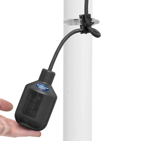 25 Foot Tethered Float Switch For Sump And Sewage Pumps No Mess No Fuss Activation With Mounting Clip And Clamp 120 Volt Power Cord SJOW Water Resistant Piggyback Plug Black attached to pipe