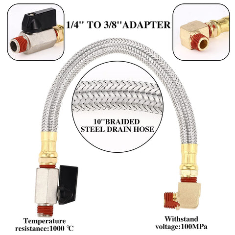 Automatic Drain Valve Kit For Air Compressors With Electronic Tank Drain, Braided Steel Hose, 1/4 Inch NPT Elbow Fittings, 110V AC Timed Drain System, Brass Construction For No Fuss Quick Tank Drain And Easy Maintenance