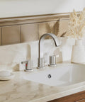 Chrome 8 Inch Widespread 3 Hole 2 Handle Waterfall Bathroom Sink Faucet With Metal Pop Up Drain on marble vanity