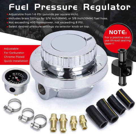 Universal Fuel Pressure Regulator delivering steady 1 to 5 psi control with chrome finish and brass fittings for carburetors.