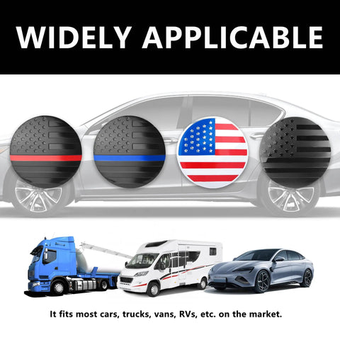 American Flag Wheel Center Caps And 56 Mm Hub Covers With Bold Black Red Detail For Fresh Auto Exterior Mods displayed on vehicles.