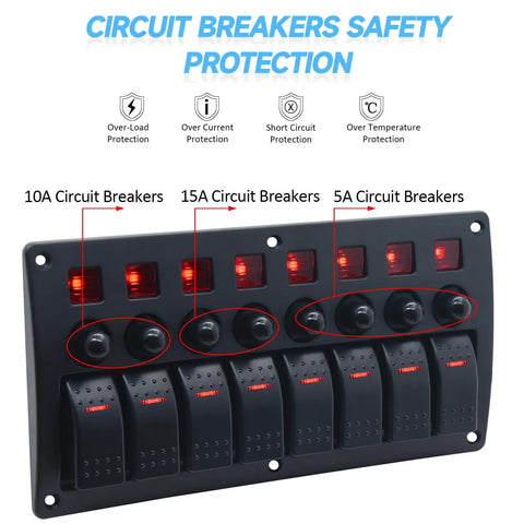 8 Gang Marine Rocker Switch Panel Waterproof 12V Aluminum Body With 5A 10A 15A Circuit Breakers And LED Indicators shown on display
