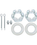 Front view trailer axle hardware kit, silver metal; two star-shaped nuts, two flat washers, two bolts, two cotter pins