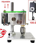 Heavy Duty Mini Bench Drill Press With Variable Speed Control showing adjustable aluminum body and brass spindle for precise drilling.