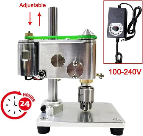 Mini Bench Drill Press For Precision Watchmaker Use With Variable Speed Control And 0.3 To 4mm Clamping Range showing adjustable motor and control unit.