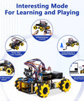 ACEBOTT smart robot car kit for Arduino; 4WD yellow-wheel chassis with exposed electronics, programmable for STEM learning.