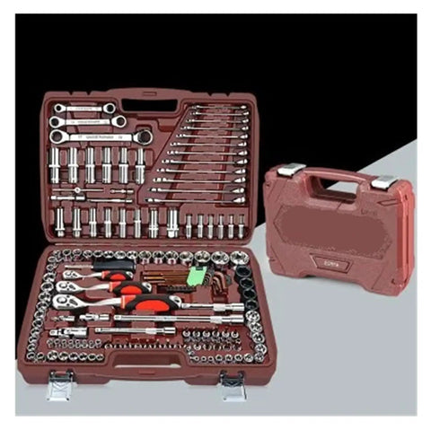 Open brown case of Auto Repair Tool Box And Socket Wrench Set Kit 1 With YLD216 Compatibility Ergonomic Hand Tools displayed neatly