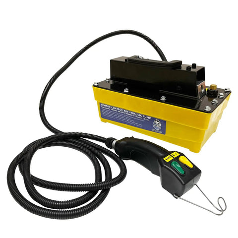 Beast Mode Industrial Grade Air Hydraulic Pump With 10,000 PSI Power And 3 Meter Remote Control Line featuring a yellow aluminum reservoir