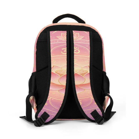 Back view of Om Sacred Lotus Mandala Art Backpack for unisex use with breathable straps and pastel design in durable polyester.