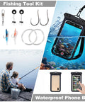 Fishing tool kit with hooks, lures, and weights; waterproof phone bag for protection during fishing trips.