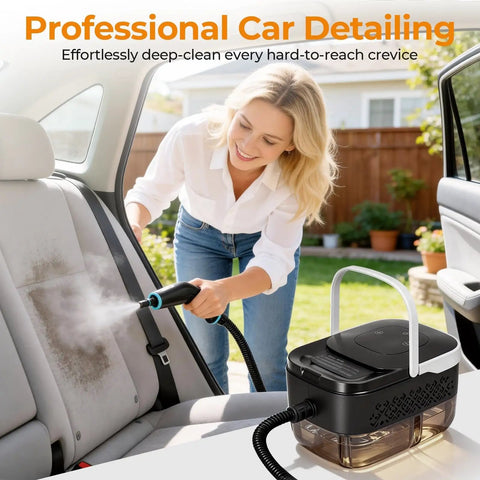 Handheld One Point Two Five Liter Steam Cleaner With Killer Steam Power And Fast High Output For Chemical Free Auto Wash And Kitchen Or Garage Grease Removal In Smooth White Design That Beats Every Stain Dead used for car detailing.