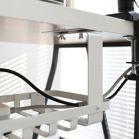 Heavy Duty Under Desk Cable Management Tray Designed As A Complete Game Changer For Crushing Cord Chaos Without Any Messy Drilling To Keep Your Workspace Looking Slick And Totally Stress Free In Matte White, mounted under a desk.