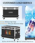Customize logo service display featuring black aluminum case and digital signage for drinks.
