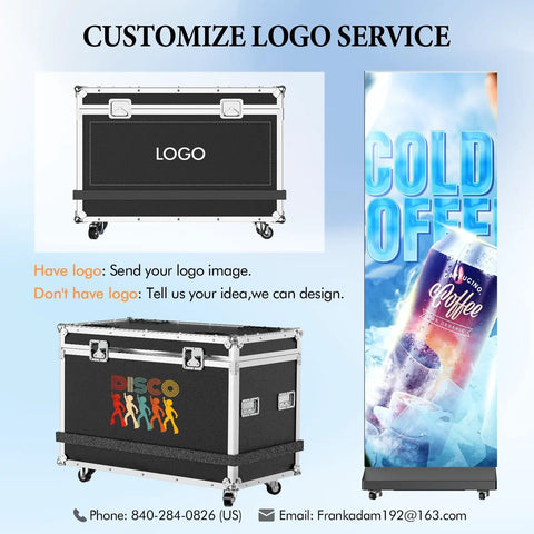 Customize logo service display featuring black aluminum case and digital signage for drinks.