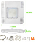 LED Canopy Light For Gas Stations 150W 21000 Lumens Surface Mount Ceiling Fixture with installation kit and dimensions.