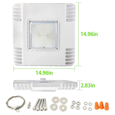 LED Canopy Light For Gas Stations 150W 21000 Lumens Surface Mount Ceiling Fixture with installation kit and dimensions.