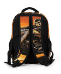 Back of Sunset Rider Printed Unisex Backpack with large capacity, durable polyester, featuring skull and motorcycle graphic design.