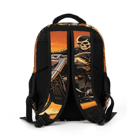 Back of Sunset Rider Printed Unisex Backpack with large capacity, durable polyester, featuring skull and motorcycle graphic design.