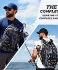 Angler wearing All In One Fishing Backpack With Rod And Reel Waterproof Gear Pack Rod Holder And Tackle Boxes Handy Tool Kit Ideal Gift For Men Great For Bass Trout And Freshwater Adventures, camo design.