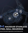 Megatron Spinning Fishing Reel Size 5000 with 7+1 Maxidur stainless steel ball bearings for smooth retrieval and endurance.