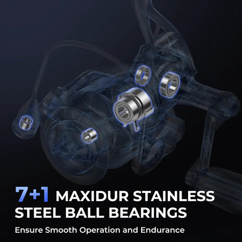 Megatron Spinning Fishing Reel Size 5000 with 7+1 Maxidur stainless steel ball bearings for smooth retrieval and endurance.