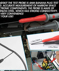 Heavy Duty Electrical Multimeter Test Leads Kit with alligator clips, probes, CAT II 1000V, durable copper wires, testing an electronic board.