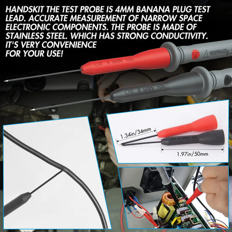 Heavy Duty Electrical Multimeter Test Leads Kit with alligator clips, probes, CAT II 1000V, durable copper wires, testing an electronic board.