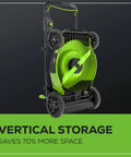 80V 21 Inch Brushless Cordless Lawn Mower in vertical storage position showing underside and wheels.