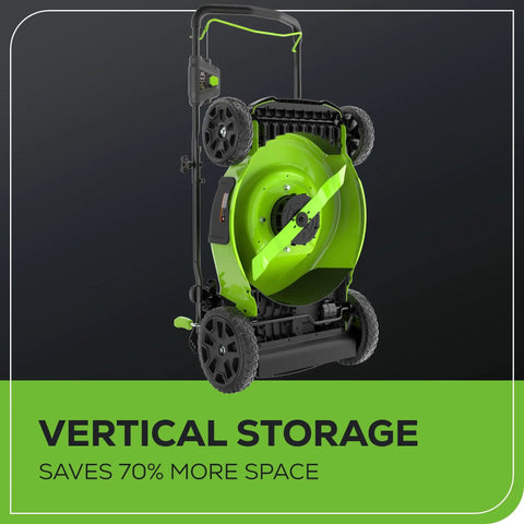 80V 21 Inch Brushless Cordless Lawn Mower in vertical storage position showing underside and wheels.