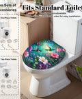 Round Vibrant Hummingbirds Butterflies Chinoiserie Colorful Toilet Seat on standard toilet with floral design and adjustable hinges.