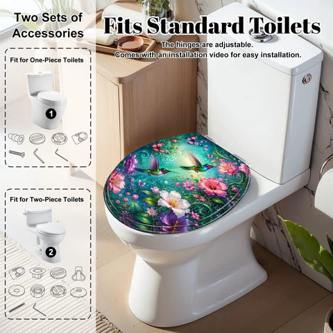 Round Vibrant Hummingbirds Butterflies Chinoiserie Colorful Toilet Seat on standard toilet with floral design and adjustable hinges.