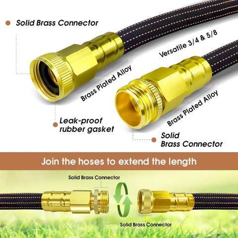 Garden hose, 25ft orange-black braided with solid brass fittings.