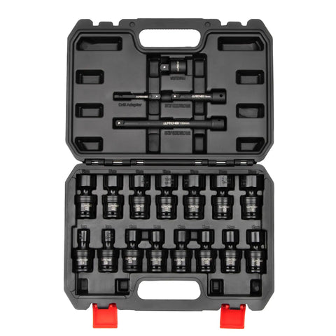 Three Eighths Inch Drive Universal Impact Socket Set, 19 Pieces CR-MO Beefy Swivel Wobble Sockets Metric 8-22mm, in organizer