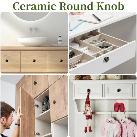 40 Pack Black Ceramic Cabinet Knobs Set With Glossy Mushroom Style Finish Installed on Various Cabinets and Drawers in Home