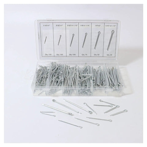 Metal Dowel Pins And Cotter Pin Kit 555 Pieces R Clip Spring Split Axle Fasteners in storage box with labels