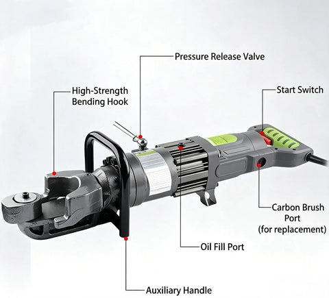 Handheld Hydraulic Steel Bar Bender And Rebar Straightener Combo Tool For 4Mm To 32Mm Deformed Rods showing motor features and controls.