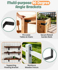 Beefy 3X3 Inch L Brackets Heavy Duty 90 Degree Angle Iron Brace Black Steel Corner Support Crushes 150 Pounds Rust Proof Easy Setup 4 Pack securing a wooden table corner.