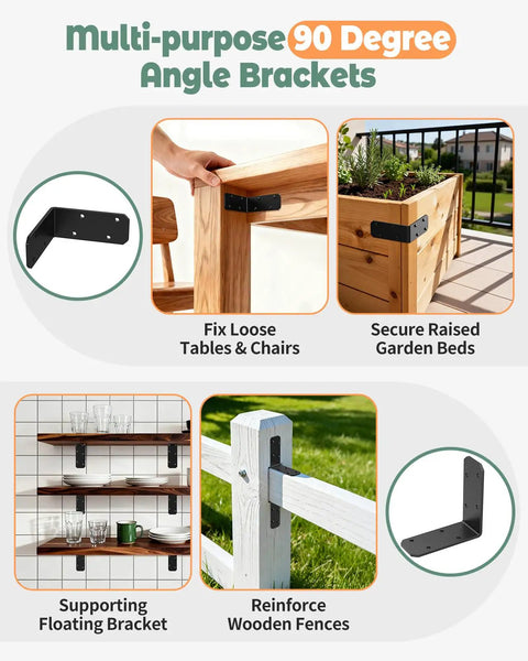 Beefy 3X3 Inch L Brackets Heavy Duty 90 Degree Angle Iron Brace Black Steel Corner Support Crushes 150 Pounds Rust Proof Easy Setup 4 Pack securing a wooden table corner.