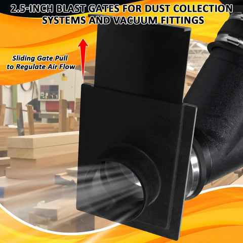 Badass Heavy Duty 2.5 Inch Dust Collection Blast Gate With Killer Airflow Control Design shows sliding gate for regulating airflow.