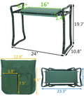 Grab And Go Folding Garden Kneeler Bench with Foam Cushioned Kneeling Pad, dimensions and pocket details shown
