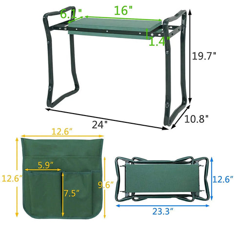 Grab And Go Folding Garden Kneeler Bench with Foam Cushioned Kneeling Pad, dimensions and pocket details shown