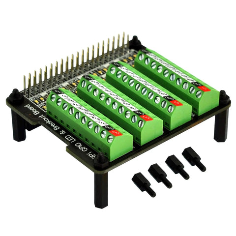 Raspberry Pi GPIO Status LED and Terminal Block Breakout Board HAT for A Plus 3A Plus B Plus 2B 3B 3B Plus and 4B with 5V and 3.3V Indicators and Plug and Play GPIO High Low LEDs, black PCB with green screw terminals