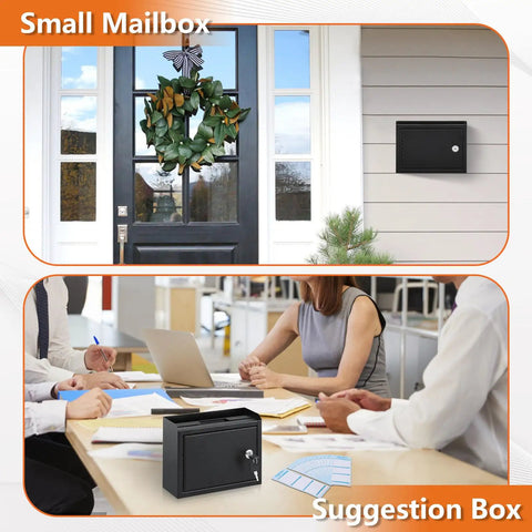 Locking Office Suggestion Box With Slot For Secure Feedback, wall-mounted at entrance and used in office meeting, black, 9.8Wx3Dx7H
