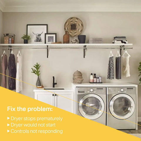 Laundry room with GE dryer; Dryer No Fuss Push To Start Switch Replacement For GE And Hotpoint Dryers Fits Multiple Models Replaces WE4M416