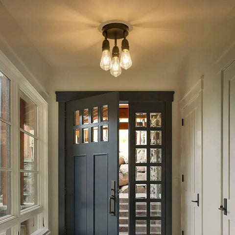 Three Light Flush Mount Ceiling Fixture In Matte Black Finish Dope Farmhouse Style Lighting for porch view in modern rustic entryway